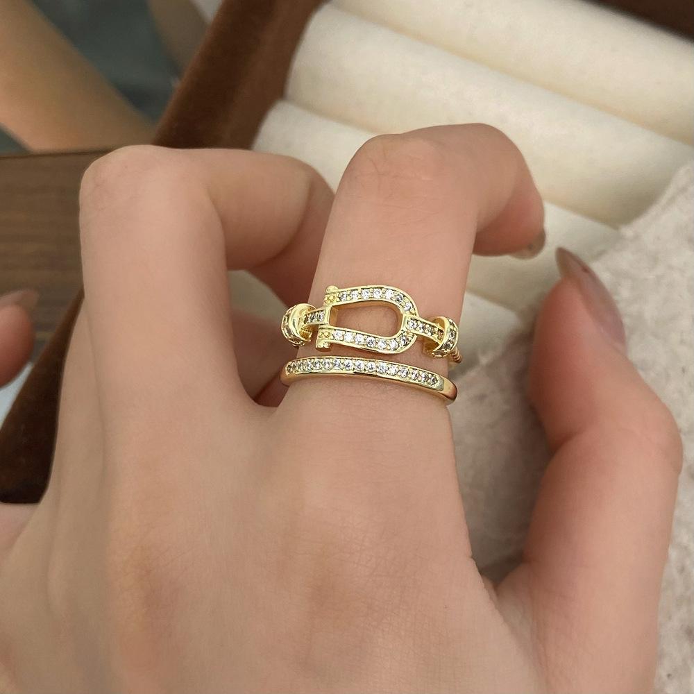 Korean Style Double Layer Ring Women's Ins Trendy Internet Popular Fashion Design Rings Shiny Zircon Elegant Female Jewelry