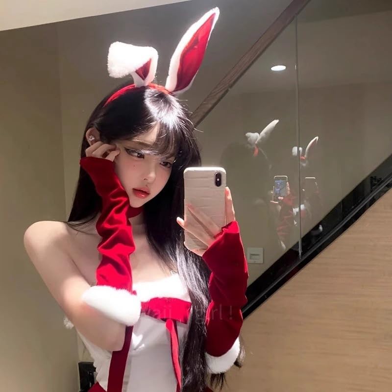 Bookworm Bunny Ear Headband for Christmas Cosplay Parties, Red and White, Cute Bunny Girl Headband with Fluffy Ears, Costume Accessory for Adults and