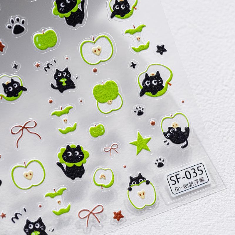 Sky Cute Bow & Green Apple Cat 3D Embossed Nail Stickers