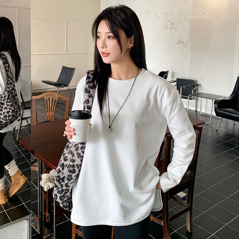 

Весна Осень Футболка с круглым вырезом, свободного кроя, повседневная, с разрезом, женская, с длинным рукавом, однотонная, пуловер, топ M белый