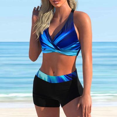 Damski strój kąpielowy z paskiem na ramię Jasnoniebieski strój kąpielowy bikini w gradientowe kwiaty
