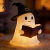 Bedside Atmosphere Light Halloween Ghost Figurine with LED Light Resin Witch Hat Statue Niche Aesthetic Ornament Guitar/Book Cute Luminous Sculpture