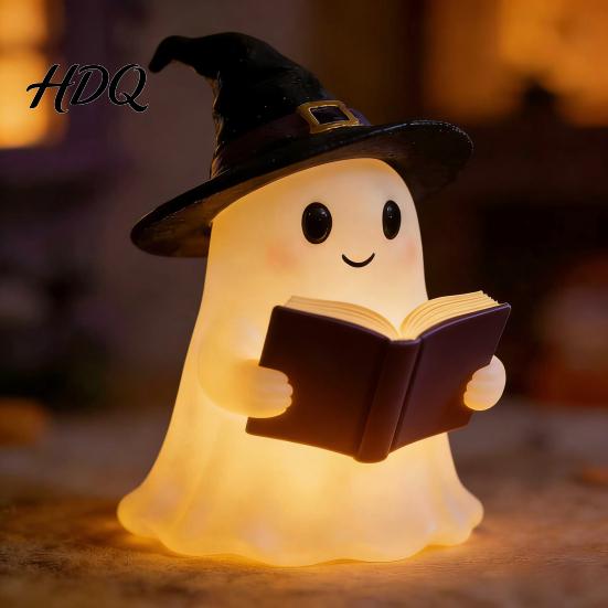 Bedside Atmosphere Light Halloween Ghost Figurine with LED Light Resin Witch Hat Statue Niche Aesthetic Ornament Guitar/Book Cute Luminous Sculpture