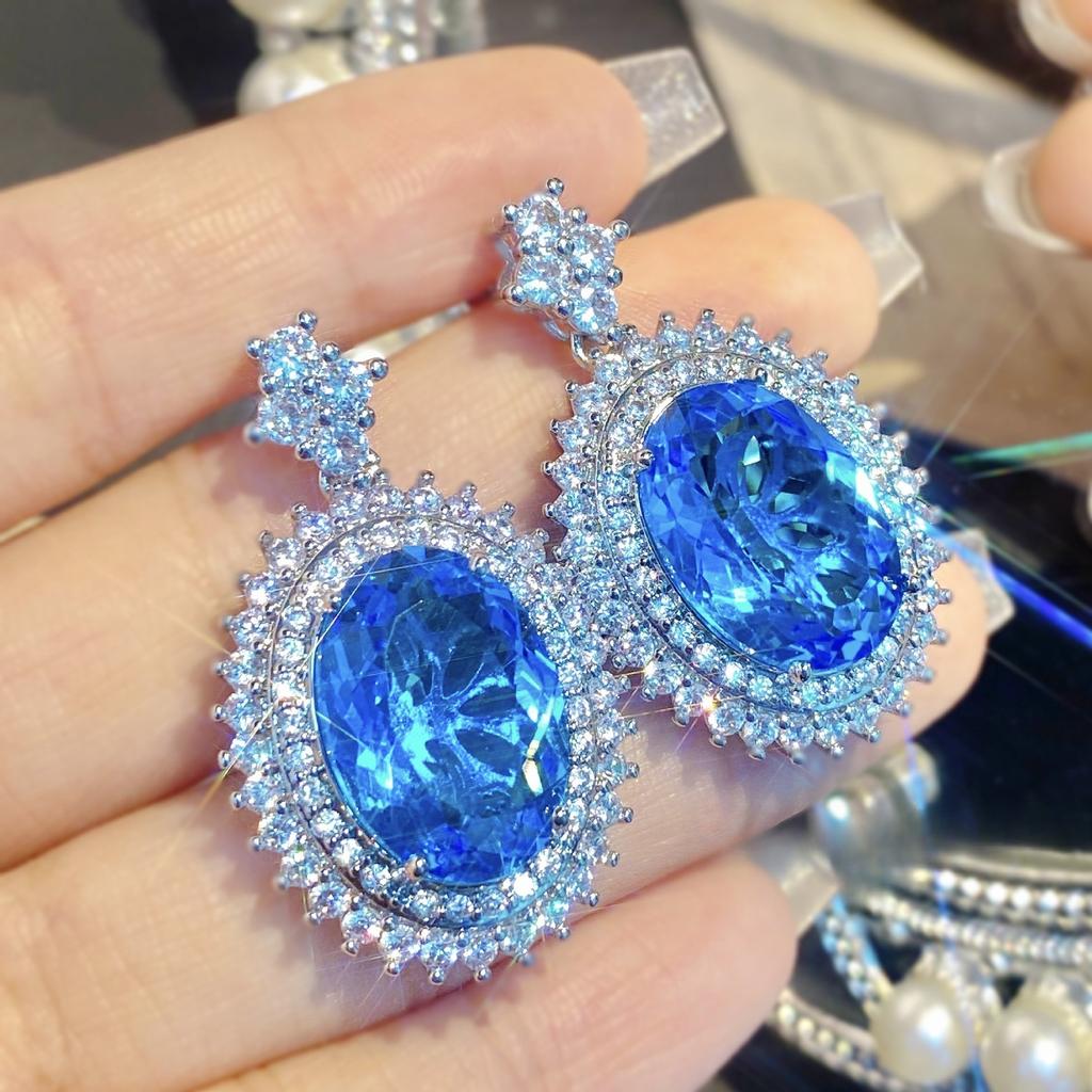 2026 Schwere Industrie Aquamarin Taubenei Großer Edelstein Halskettenanhänger Farbiger Schatz Ohrringe Temperament Zirkon Apfelgrüner Ring