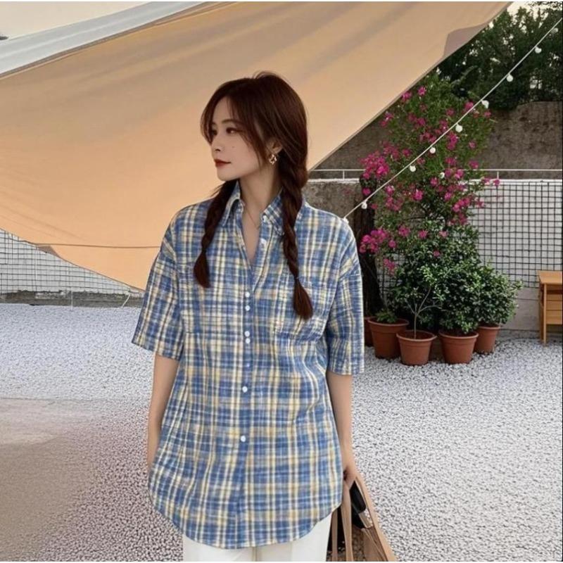 New Plaid Short Sleeved Shirt Japanese College Style Bloues Medium To Long, Sweet and Versatile Ladiese Shirts