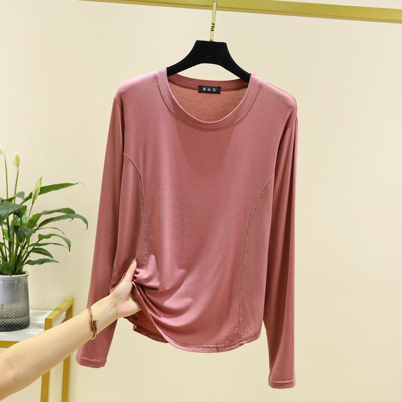 

Модальная футболка с круглым вырезом и длинными рукавами, больших размеров, для ношения под низ, однотонные топы, женская весенне-осенняя тонкая повседневная, легко сочетается, визуально стройнит. Leather pink XL (65.00 kg-75.00 kg recommended