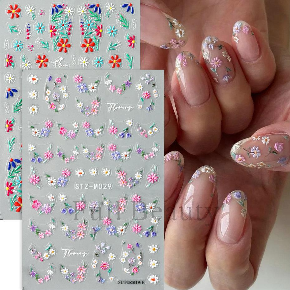 

2PCS 3D Embossed Floral Nail Art Stickers Spring Summer Self-Adhesive Nail Decals