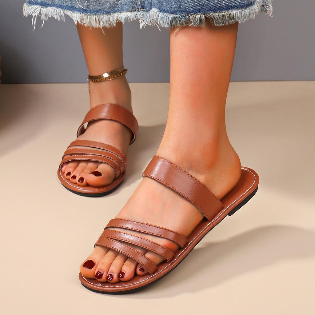 Flat-bottomed slippers women's new solid-color round head outer wear casual sandals women's shoes