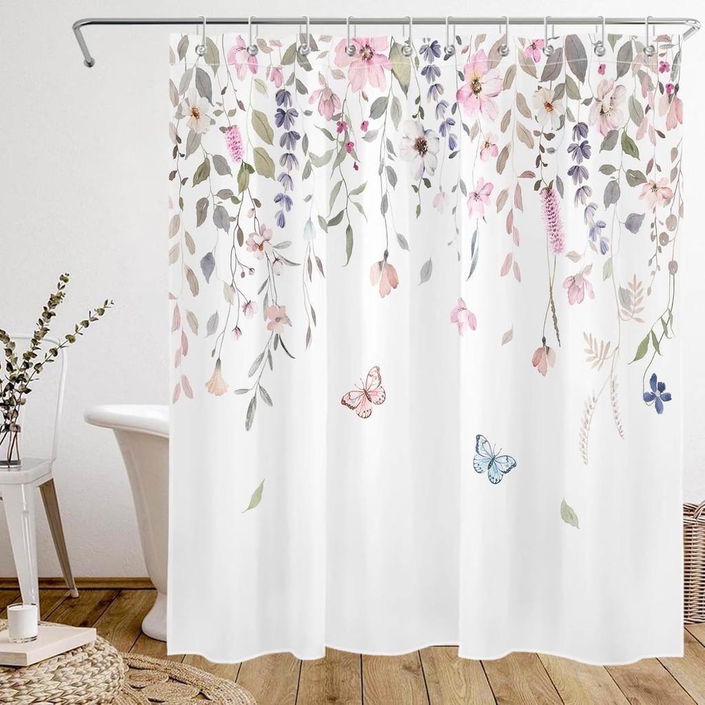 Pink Abstract Geometric Shower Curtain for Bathroom, Pink and Gold Leaf Boho Plant Shower Curtain with Hooks Modern Aesthetic