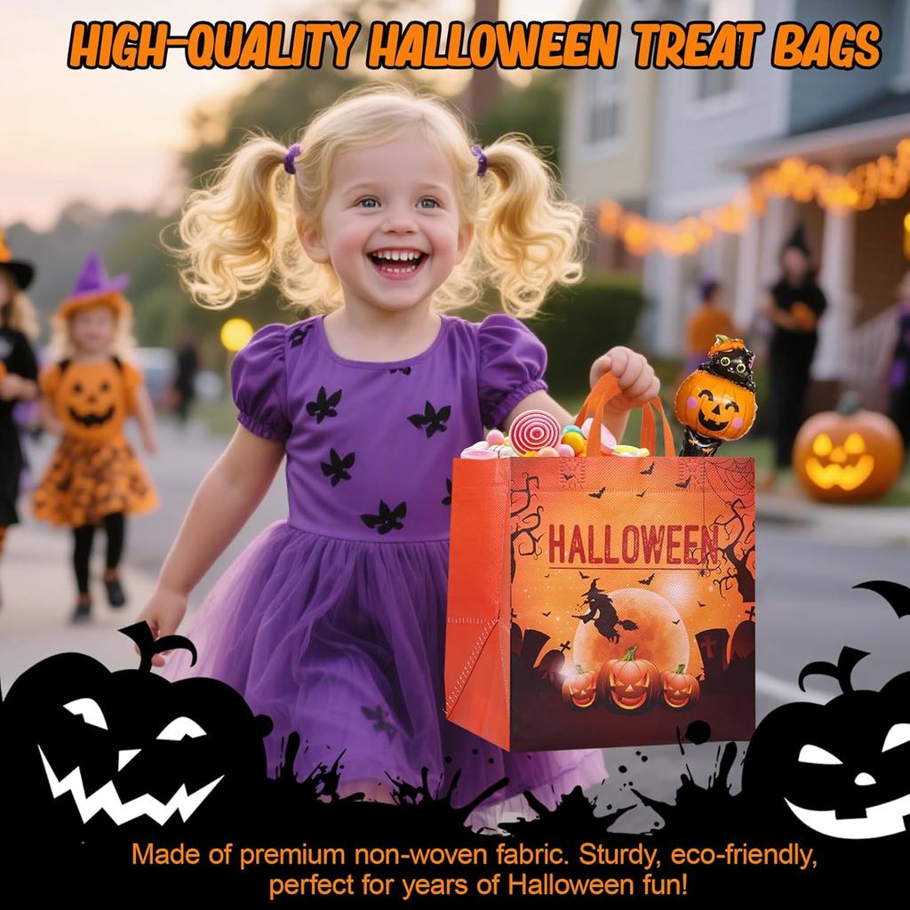 16PCS Halloween Trick or Treat Bags, Large Halloween Tote Gift Bags with Handles, Reusable Non-Woven Candy Bag for Gifts Wrapping, Party Supplies,