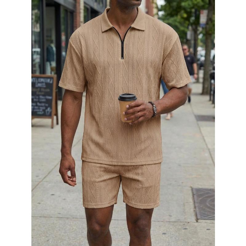 Men's Textured Knit Half Zip Polo Shirt And Shorts Two Piece Set