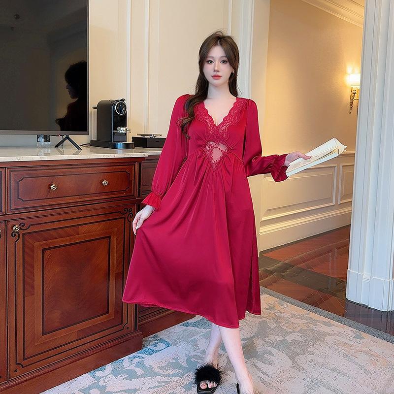 Spring Nightgown Grace Burgundy Sleepshirt Women Lace V-Neck Nightwear Satin Homedress Long Sleepwear Loungewear