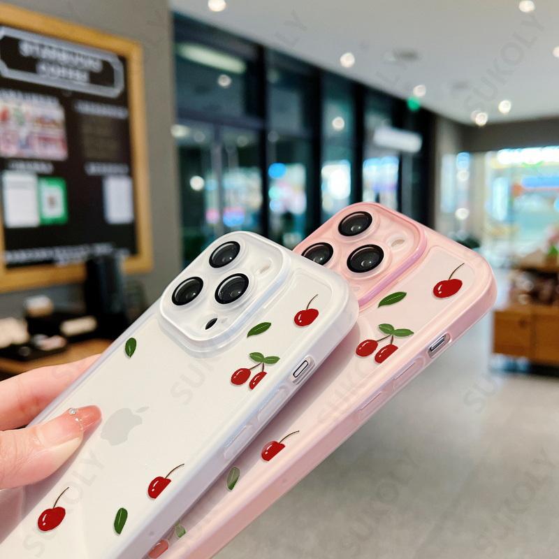 Husa de protectie pentru telefon cu lentile cu imprimare Cherry Blueberry pentru iPhone 16 15 Pro Max 14 Plus 13 Pro 12 11, rezistenta la socuri, cu culoarea fructelor, husa transparenta din silicon
