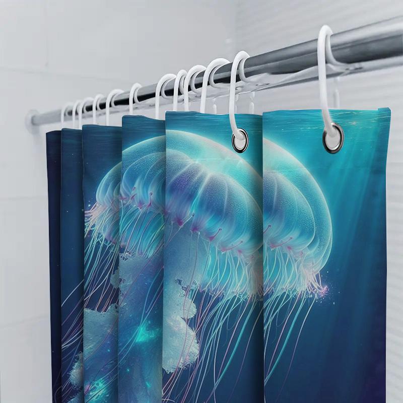 Stunning Blue Jellyfish Shower Curtain For Modern Bathrooms Waterproof Fabric With Fringe Design Perfect Decorative Touch