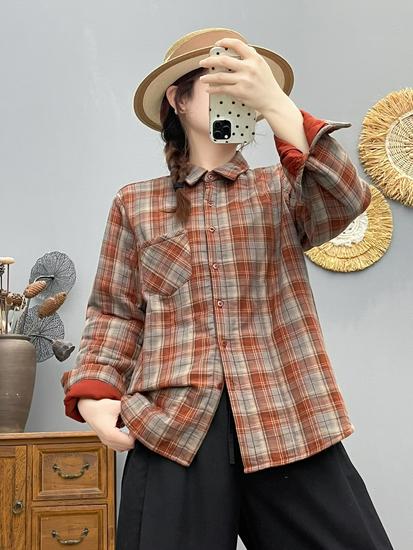 2025 Women's Autumn/Winter Artistic Casual Quilted Plaid Cotton Shirt - Loose, Versatile, Long Sleeve Top