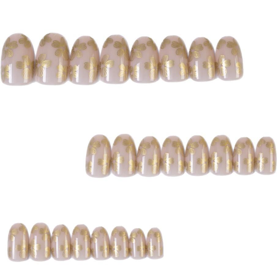 Nude Pink Gold Foil Small Flower Manicure Fake Nail Patches Sweet Short Oval Removable Wearable Nails