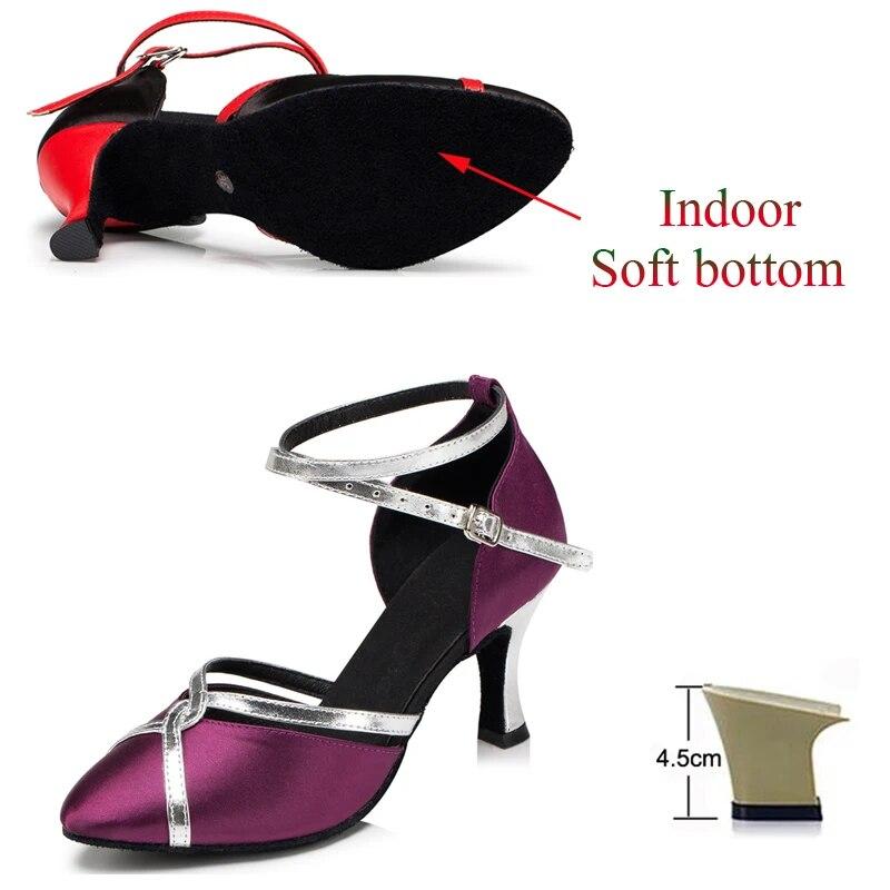

Обувь для латинских танцев, женская танцевальная обувь, танго, сальса, джаз, профессиональная танцевальная обувь для девочек, атласная, черная, фиолетовая 38