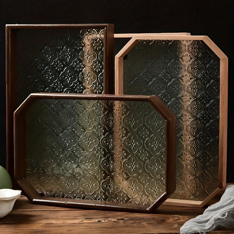 1pc Flower Corundum Pattern Embossed Glass Dark Octagonal Tray, Wooden Edge Tray, For Home Room Living Room Office Decor