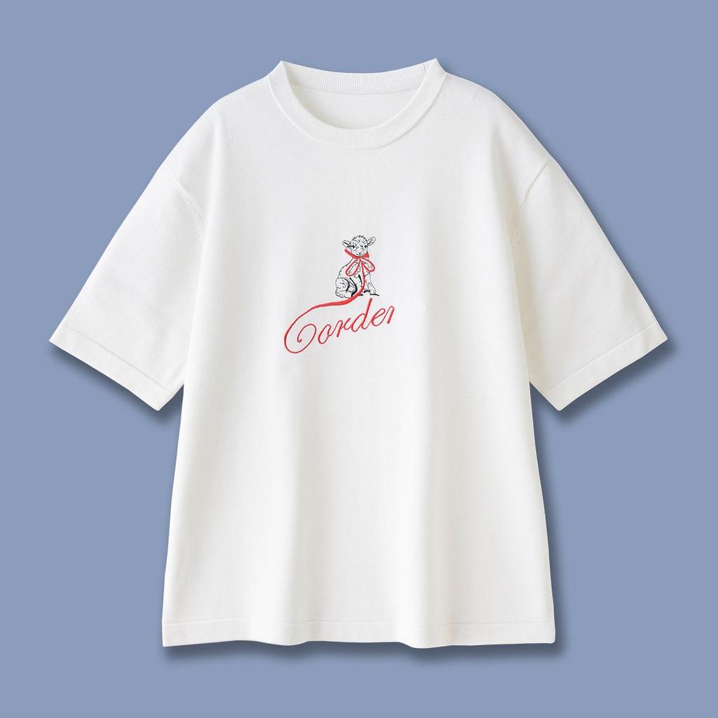 COR Women's White Embroidered Casual T-Shirt - Early Spring Loose Fit, Slim Short-Sleeved Knit with Lamb Design.