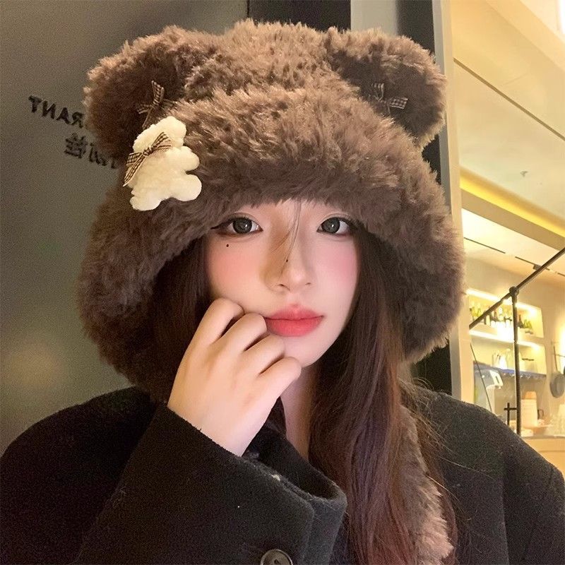 Cute Bear Ear Plush Hat for Women In Autumn and Winter Versatile Warm Pullover Hat Thickened Ear Protection Lei Feng Hat
