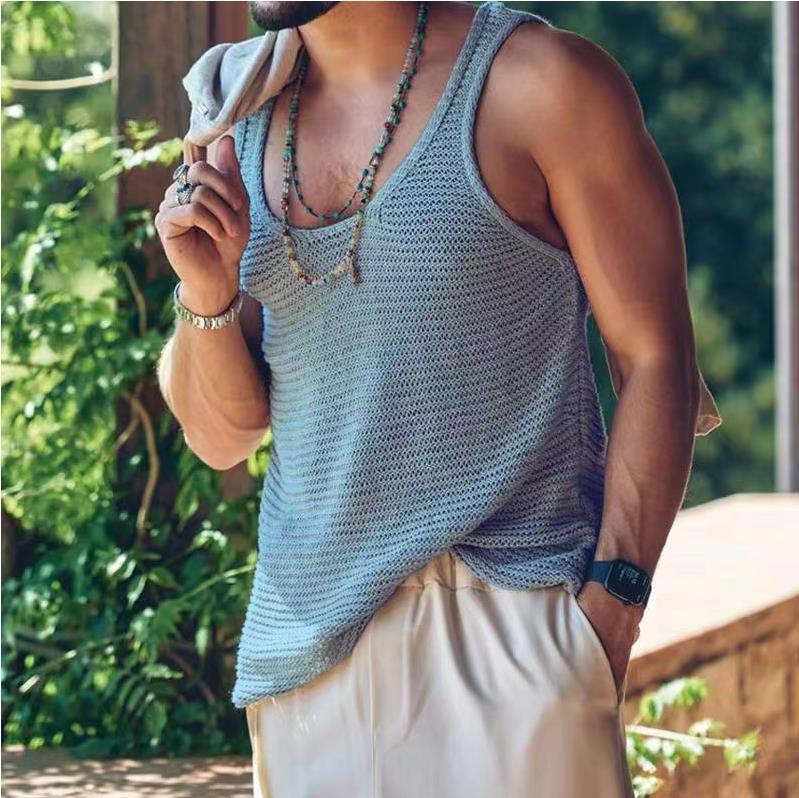 2023 Men Summer Tank Top Knitted Solid Color Sleeveless Vest Tops Gym Fitness Workout Clothes Fashion Crew Neck T Shirt Undershirts