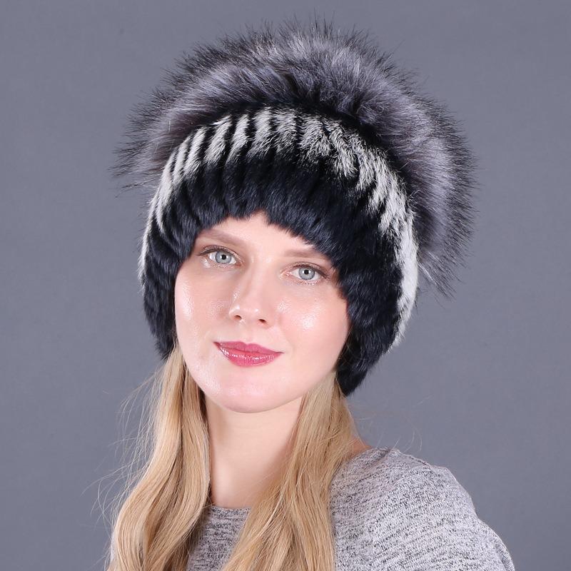 Autumn and Winter Women's Rabbit Fur Cap Casual Warm Ear Protection Knitted Caps