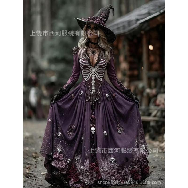 Abito Lungo da Donna con Stampa Sfumata Teschio Rosa Gotico Streetwear di Halloween