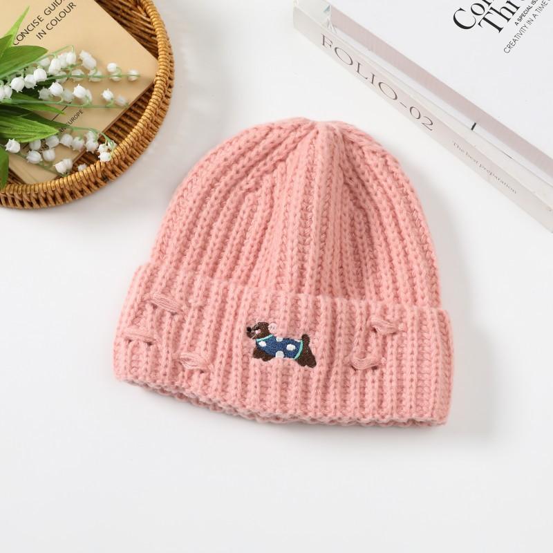 Cute Puppy Embroidered Hole Knitted Hat for Women Autumn and Winter New Style Baotou Cold Hat Warm Ear Protection Woolen Hat for Women