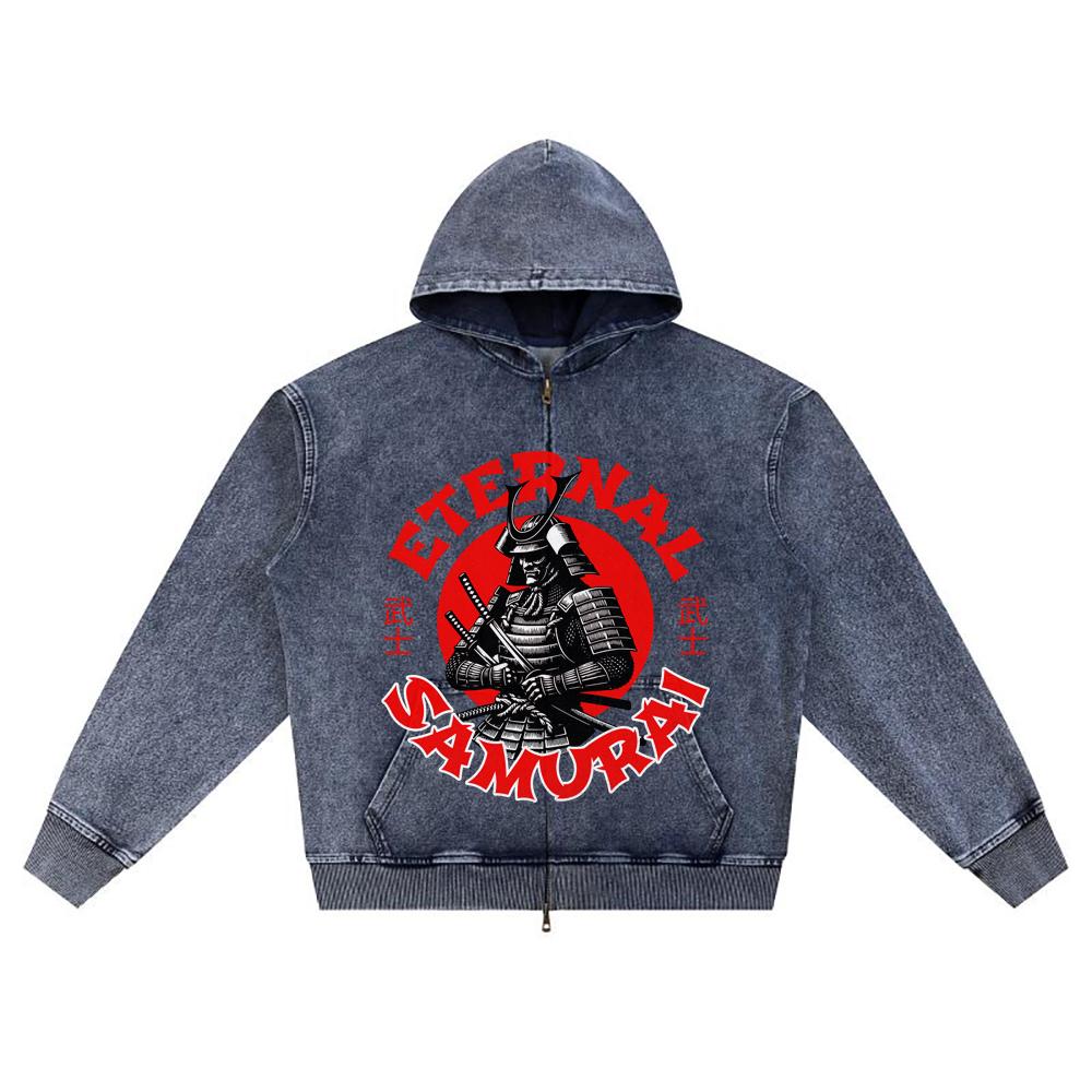 

Худи на молнии из вязаного денима с DTG-принтом, Япония, Самурай, Брат, Толстовки на молнии XL темно-синий