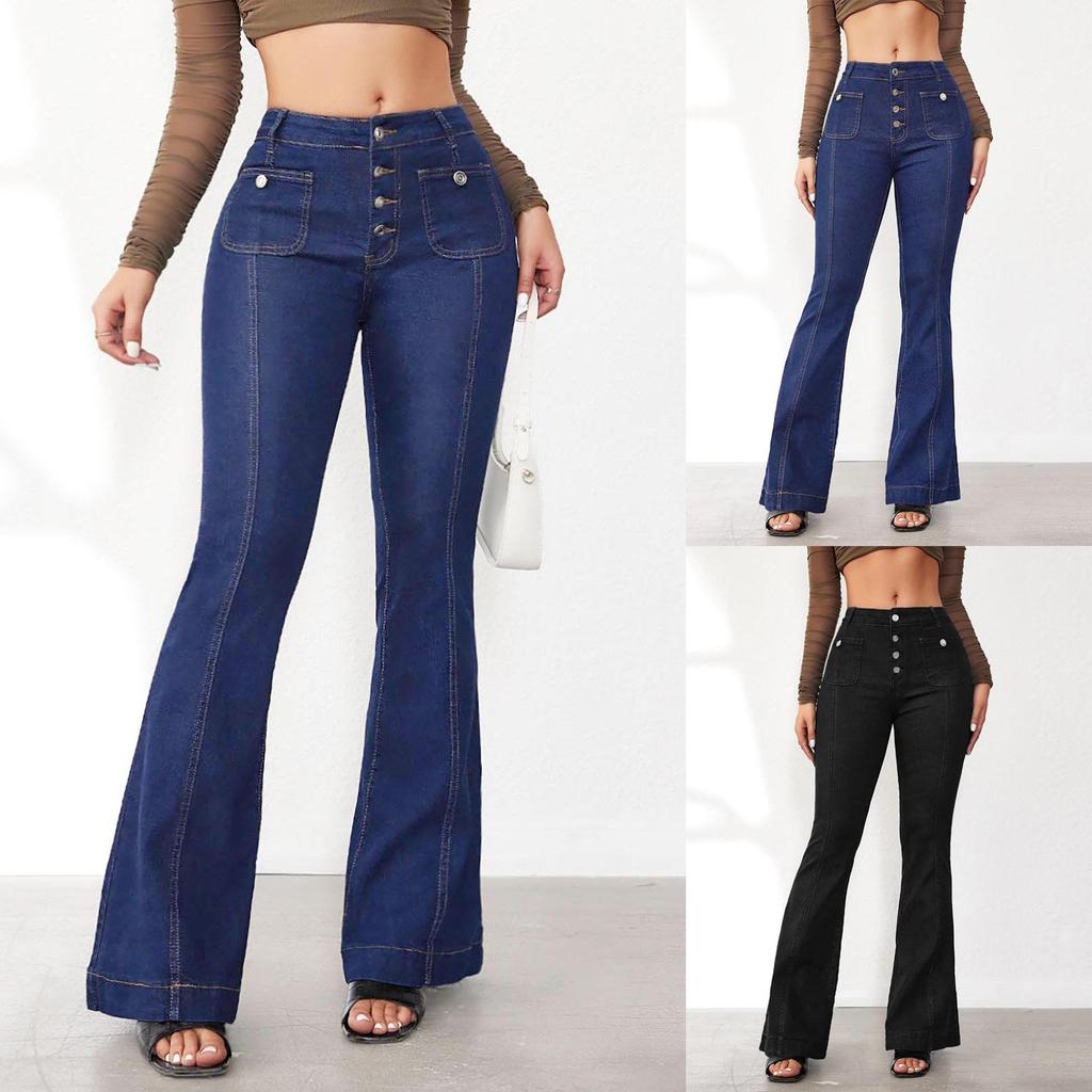 Ladies Fashion Breasted High-Waisted Jeans Ladies Slim Temperament Bell-Bottom Trousers Trousers