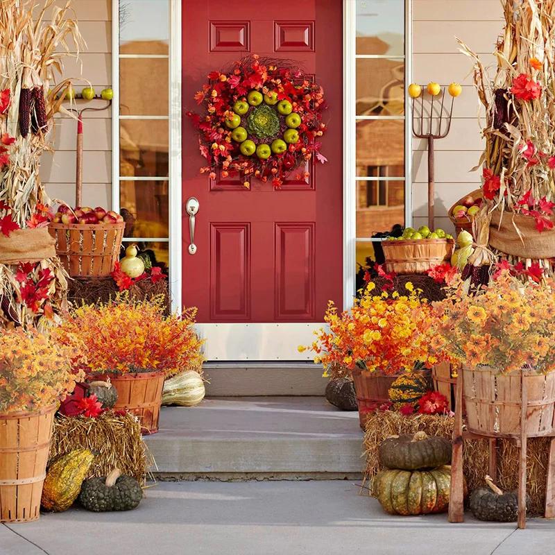 Artificial Fall Flowers Outdoor Plastic Shrubs Fake Plant for Garden Home Wedding Halloween Thanksgiving Autumn Party Decoration