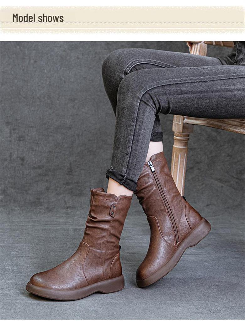 2024 Women's British Style Flat-Sole Velvet Mid-Length Martin Boots for Autumn and Winter
