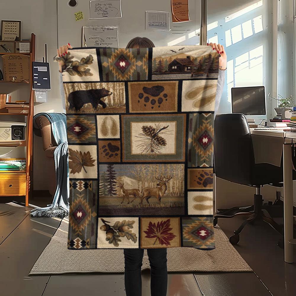 1PC Patchwork style Print FlAannel Blanket, High quality Comfortable for All Seasons, Home Decor, Warmth and Comfort