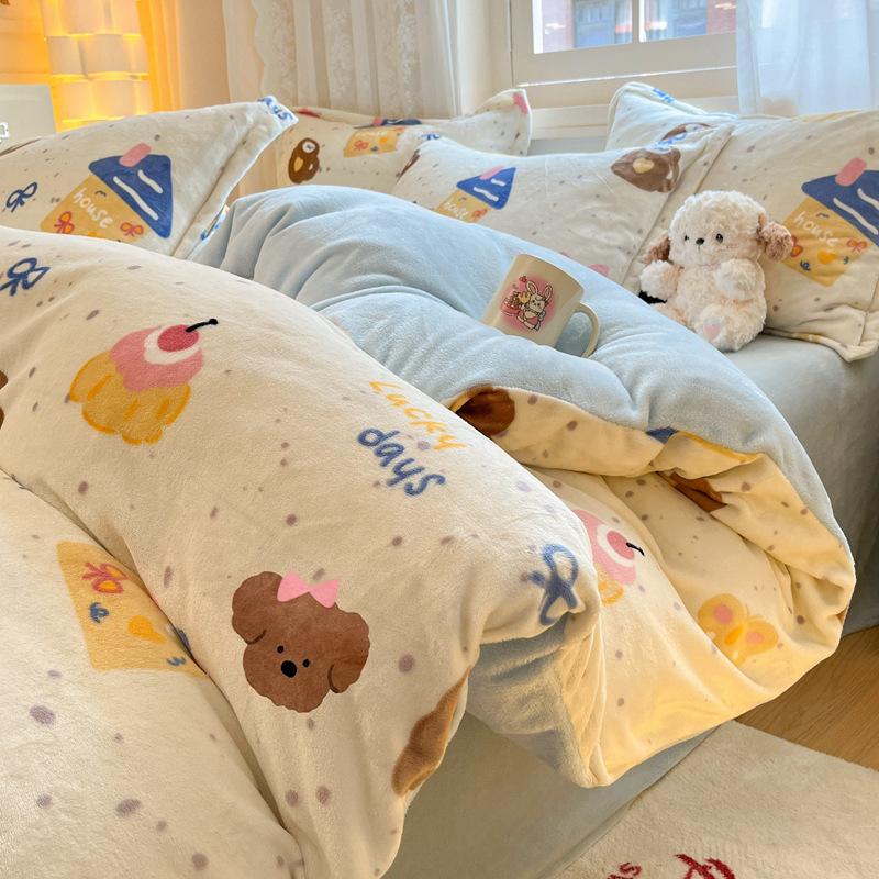 Thickened Milk Fleece Four-Piece Set, Coral Flannel Quilt Cover, Double-Sided Fleece Bed Sheet Quilt Cover, Bed Hat Three-Piece Set