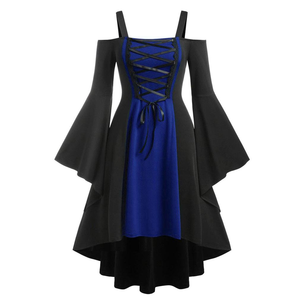 Fashion Women Colorblock Lace Sling Dress Square Neck Tie Flare Sleeves Swing Dress
