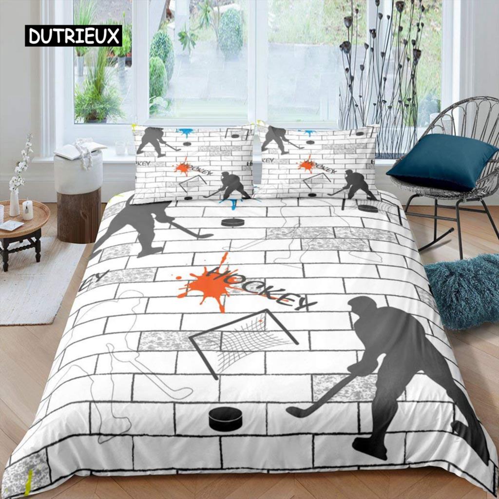 Ice Hockey Duvet Cover Set Boys Puck King Size Sports Games Theme Bedding Set for Kids Youth Adult Men Winter Match Quilt Cover