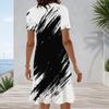 Women Plus Size Round Neck Short Sleeve Black White Printed A Line Dress