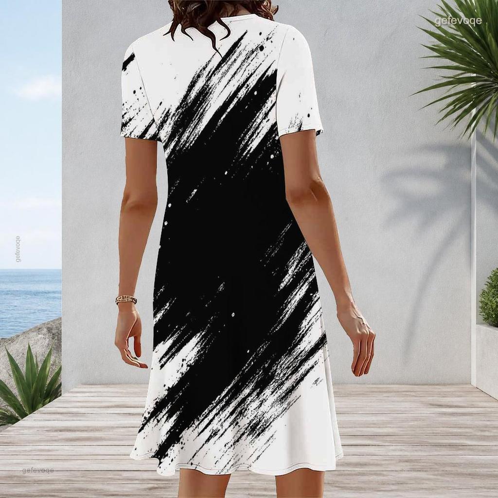 Women Plus Size Round Neck Short Sleeve Black White Printed A Line Dress