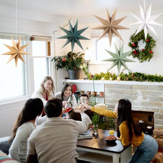 5 Pcs 9-Pointed Star Paper Lantern Paper Star Ceiling Hanging Inch 3D Christmas Ornament