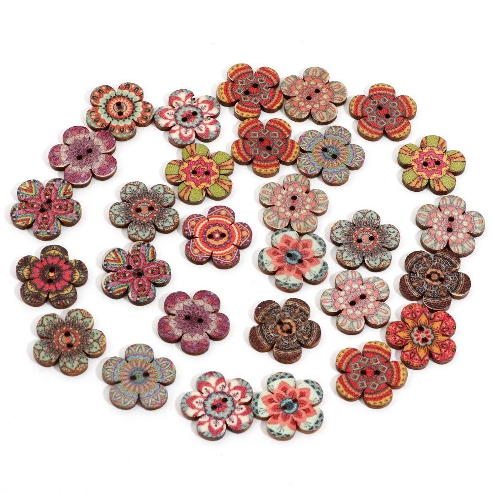 100PCS Flat-back Clothing Button Bohemian Style Sewing Button Flower Wooden Buttons  Clothing Sewing