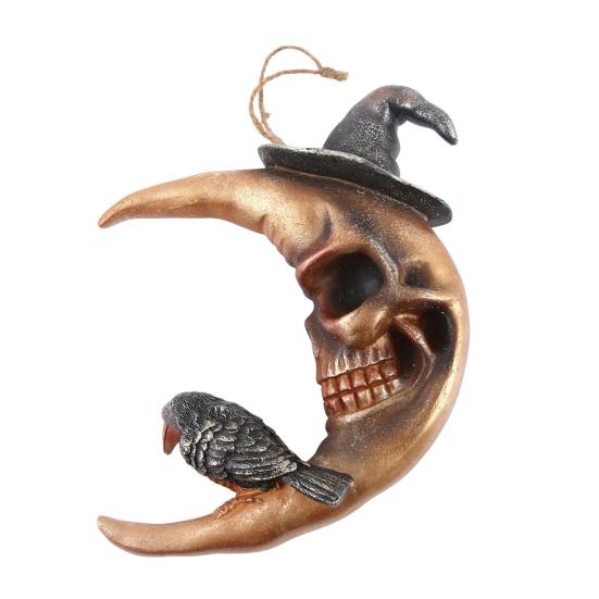Halloween Moon Decoration Crow On The Moon Ornament Gothic Skull Face Moon with Witch Hat Decoration for Indoor