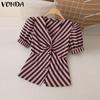 VONDA Summer Women Short Puff Sleeve Twisted Striped Casual Blouse