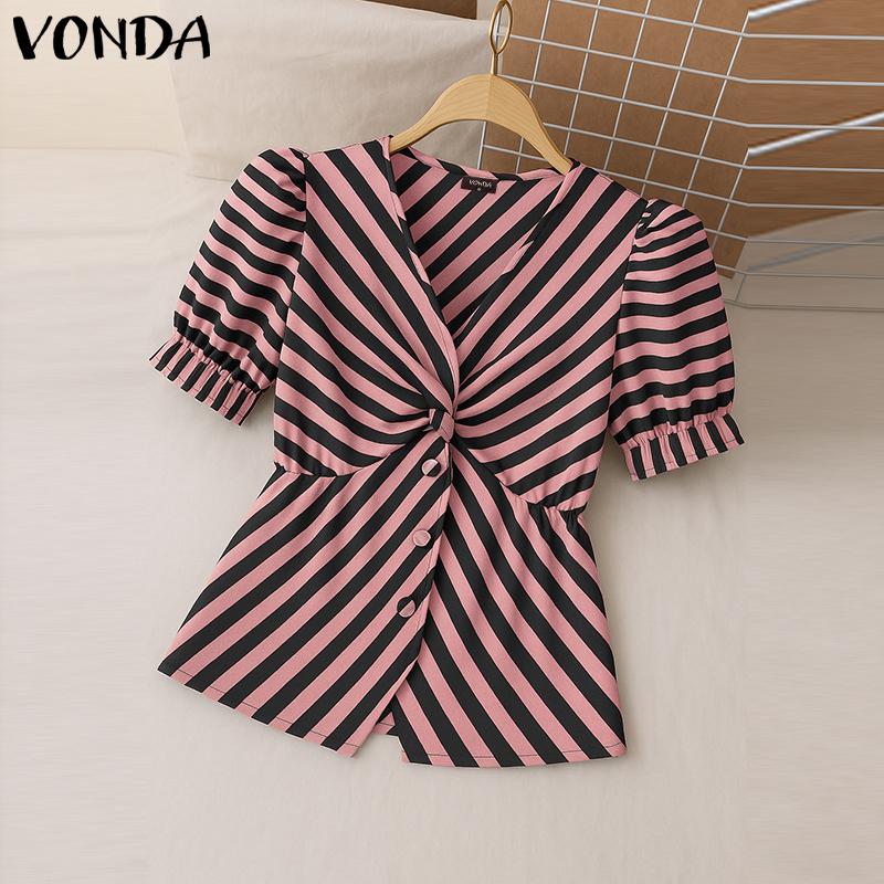 VONDA Summer Women Short Puff Sleeve Twisted Striped Casual Blouse