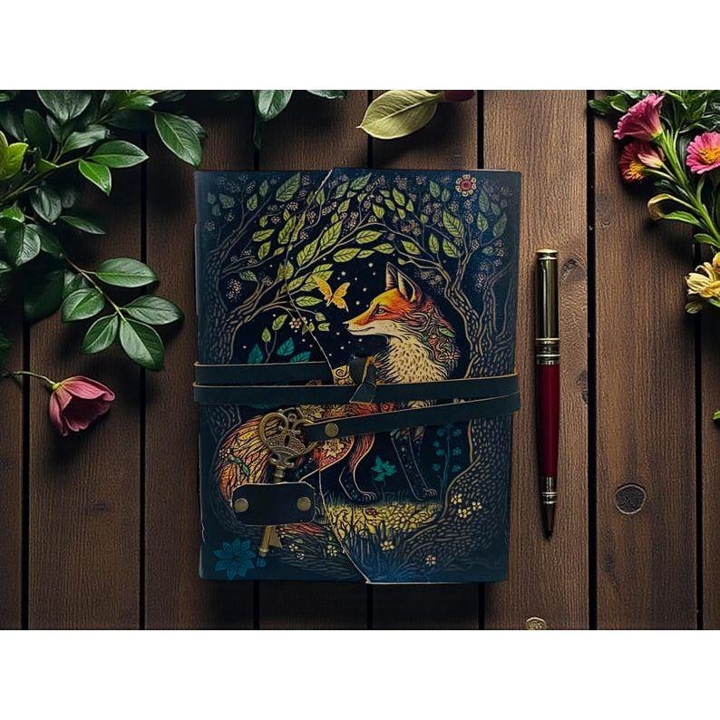 Fox Grimoire Leather Journal with Key – Handmade deckle page journal for women