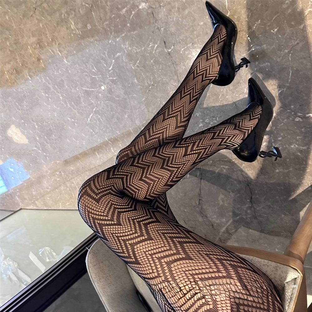 Schwarz Rot Welle Netzstrümpfe Sexy Strumpfhose Weiblich Ausgeschnitten Netzstrumpfhosen Weinrot Spitze Welle Hoher Bund Strümpfe black
