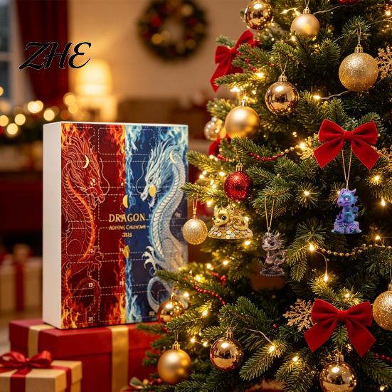 Fantasy Dragon Ornaments Advent Calendar, 2D Christmas Countdown Box with Daily Surprise Gift Acrylic Pendants, Festive Tree Hanging Decor,