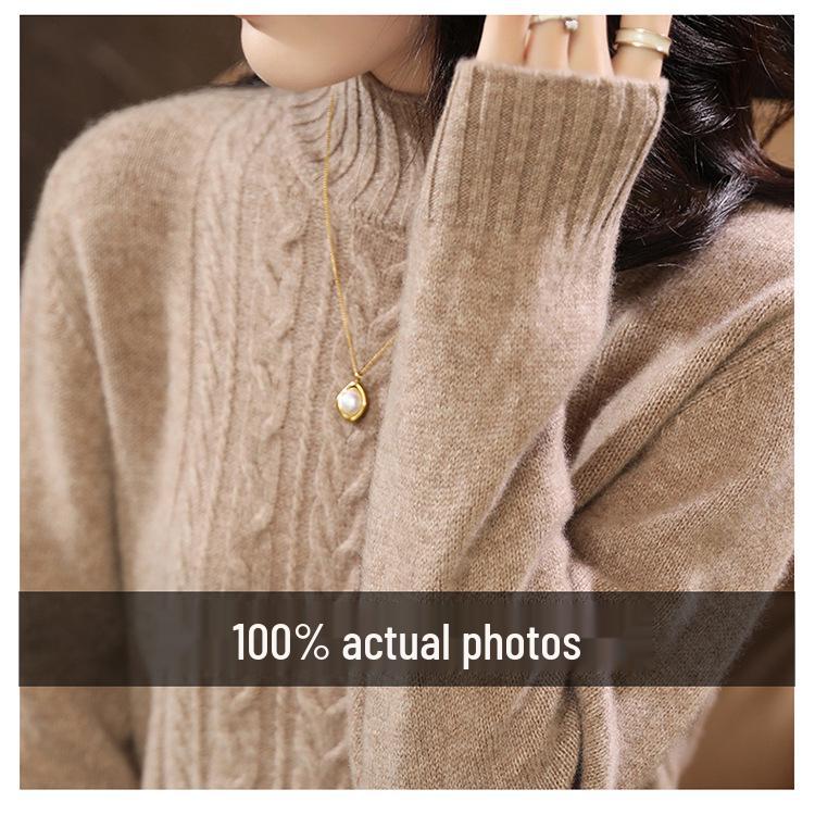 Women's Cable Knit Wool Sweater - High Neck, Thick, Long Sleeve, Autumn/Winter
