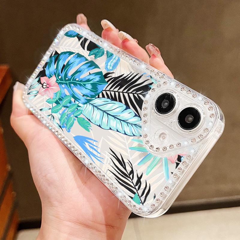 Luxury Floral Pattern Clear Shockproof Case For iPhone 16 Pro Max 16E 15 14 Pro 13 12 11 Diamond Frame Anti-Fall Soft Silicone Phone Cover