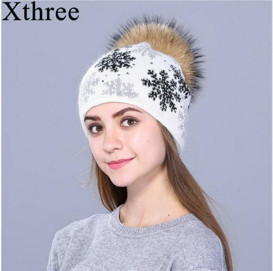 Women's Wool & Rabbit Hair Blend Snowflake Pullover Hat with 15CM Genuine Raccoon Fur Pom Pom