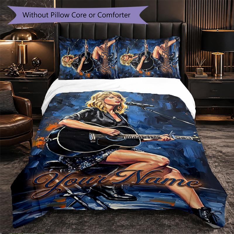 Taylor Swift Customized Name Text Bedding Set, 1 Duvet Cover & 2 Pillowcases Personalized Bedroom Gift
